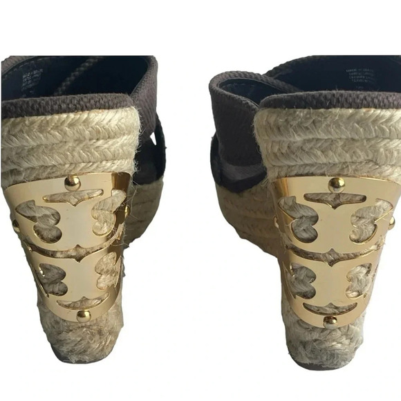 Tory Burch Chocolate Brown Crossover Kristen Espadrille Wedges/Gold Emblem sz 7 - Picture 4 of 8
